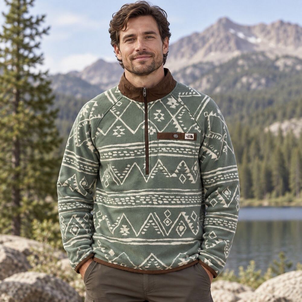 The North Face Gordon Lyons 1/4 Zip Fleece Mens L Green Southwest Pullover Aztec